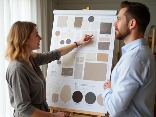 Designer présentant un tableau d'ambiance à un client